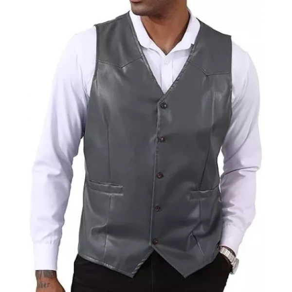 V Neck Grey Leather Vest