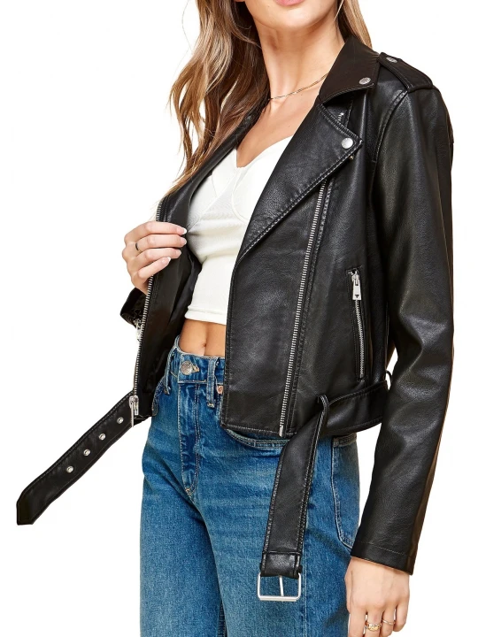 Asymmetrical Black Leather Belted Moto Jacket