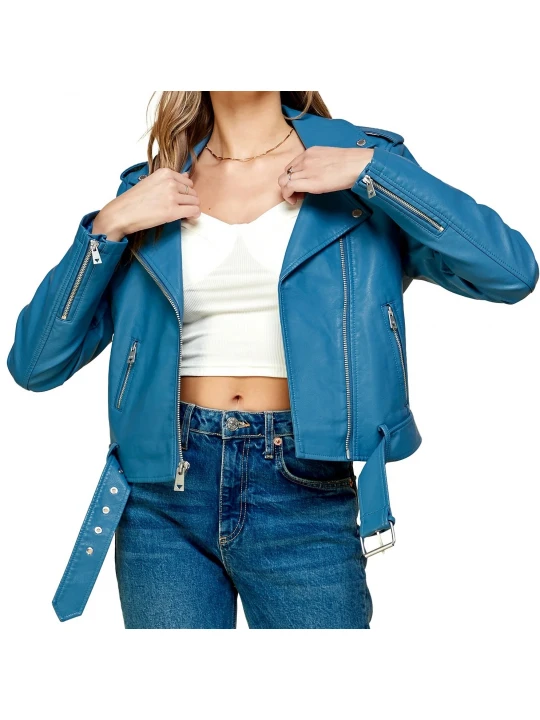 Asymmetrical Blue Leather Belted Moto Jacket