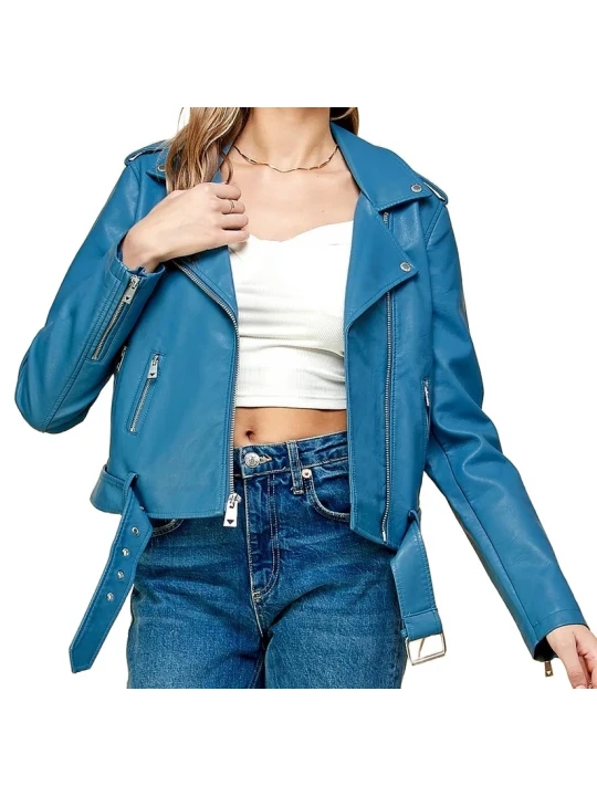 Asymmetrical Blue Leather Belted Moto Jacket