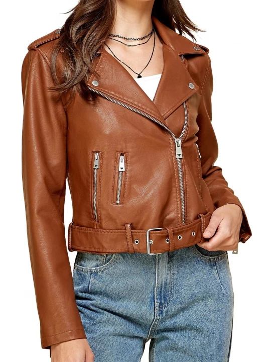 Asymmetrical Brown Leather Belted Moto Jacket