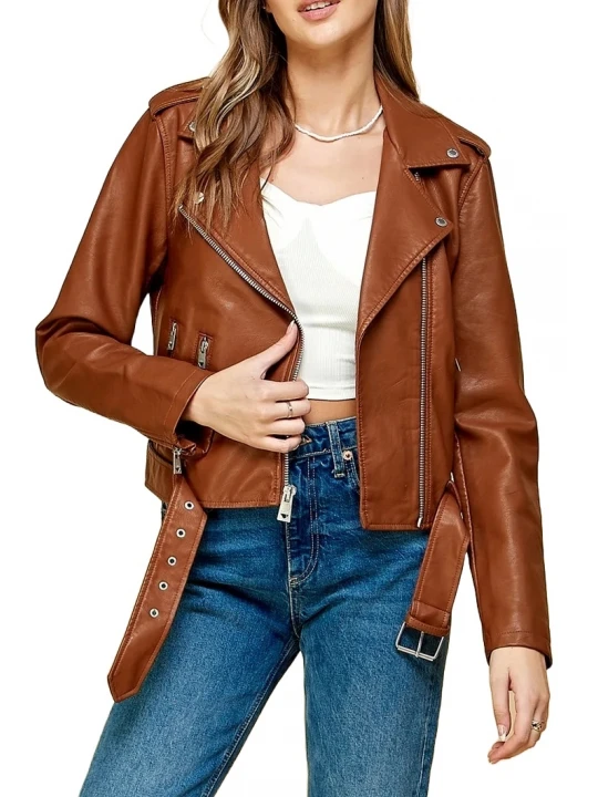 Asymmetrical Brown Leather Belted Moto Jacket
