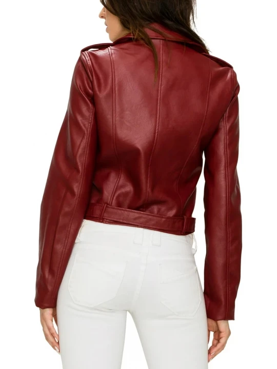 Asymmetrical Burgundy Leather Belted Moto Jacket