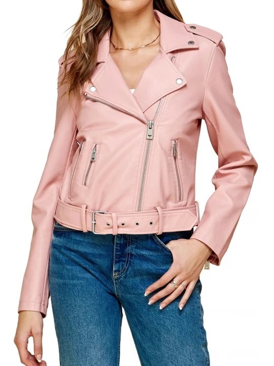 Asymmetrical Pink Leather Belted Moto Jacket