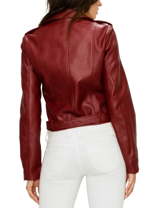 Asymmetrical Red Leather Belted Moto Jacket