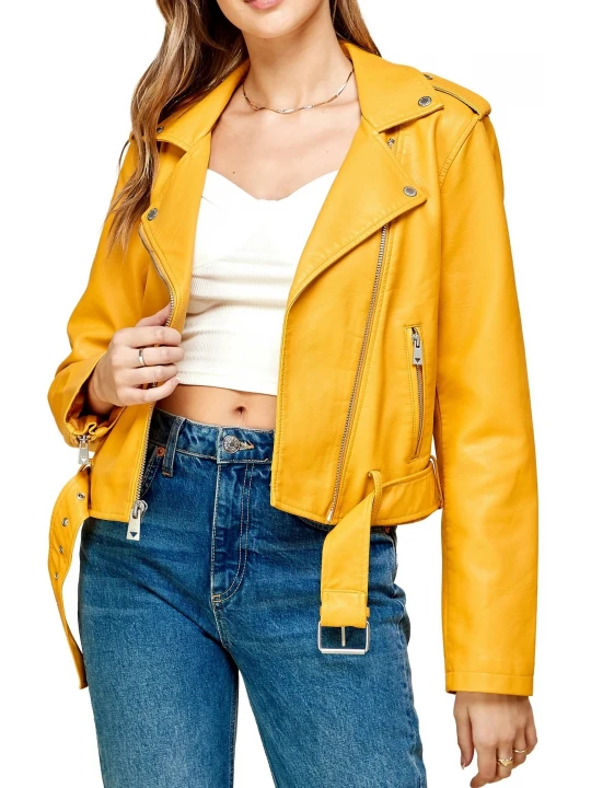 Asymmetrical Yellow Leather Belted Moto Jacket