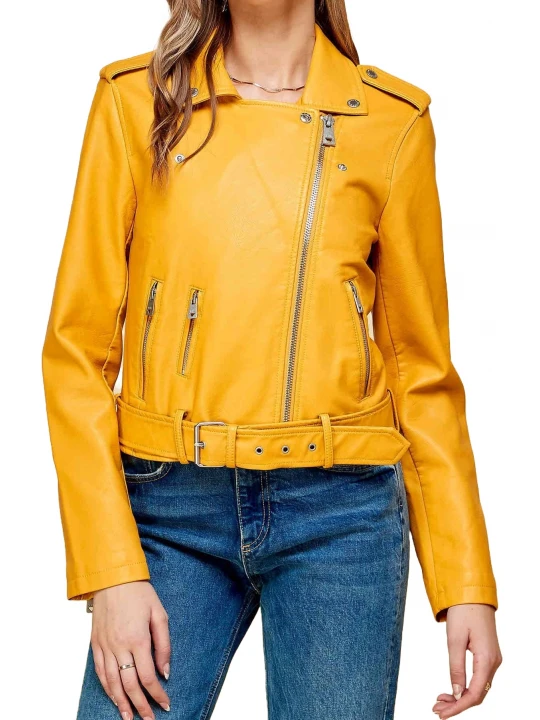 Asymmetrical Yellow Leather Belted Moto Jacket