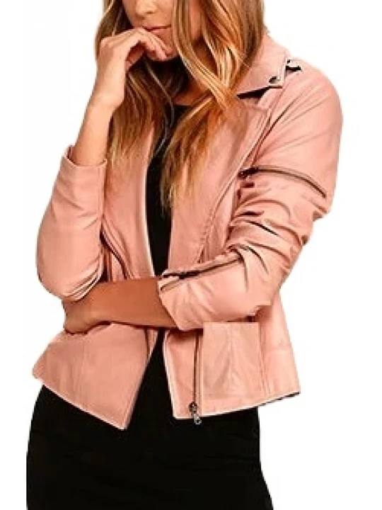 Asymmetrical Zipper Peach Leather Moto Jacket