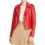 Asymmetrical Zipper Red Leather Moto Jacket