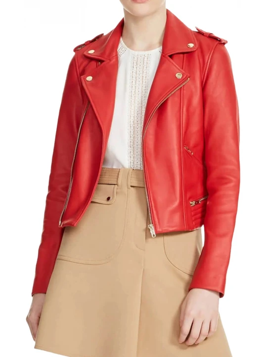 Asymmetrical Zipper Red Leather Moto Jacket