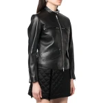 Band Collar Black Leather Racer Jacket