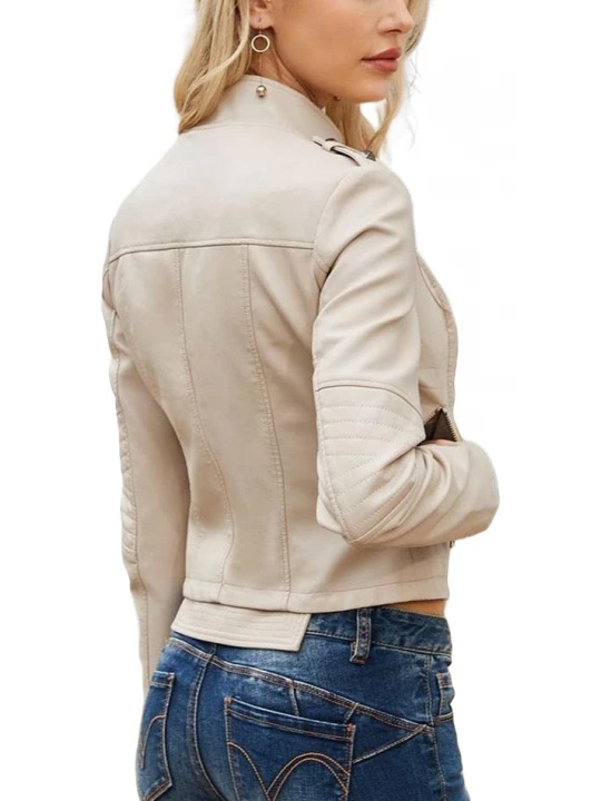 Beige Leather Biker Jackets Turndown Collar