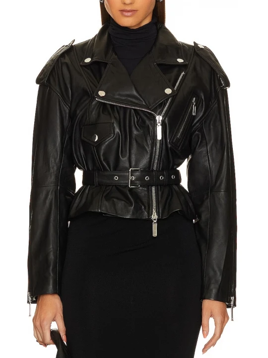 Belted Black Leather Moto Jacket