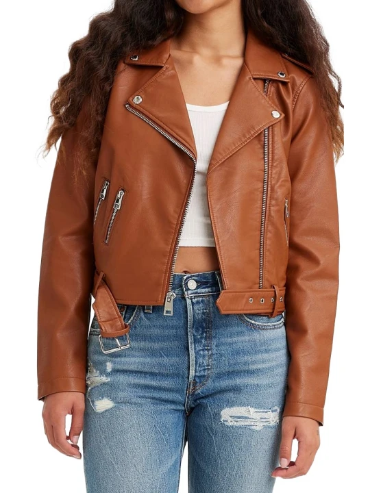Belted Brown Leather Moto Jacket