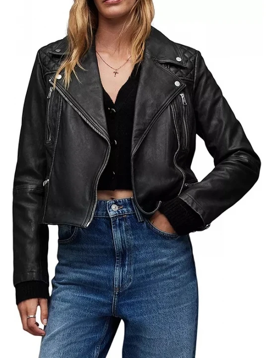 Black Leather Cargo Quilted Biker Jacket