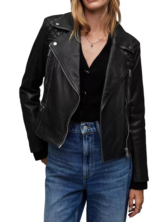 Black Leather Cargo Quilted Biker Jacket