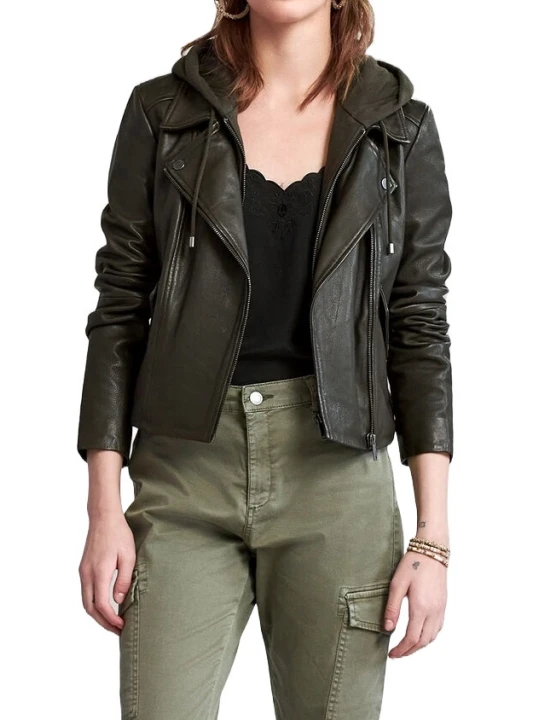 Black Leather Hooded Biker Style Jacket