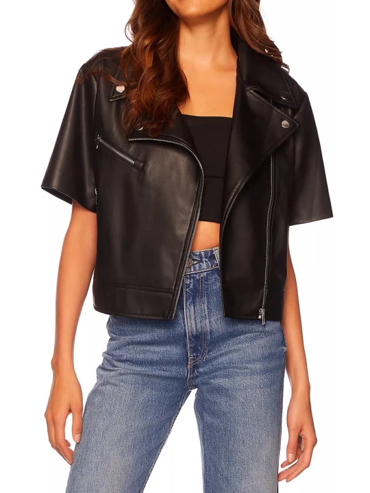 Black Leather Short Sleeve Moto Jacket