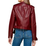Burgundy Leather Asymmetrical Belted Moto Jacket