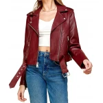Burgundy Leather Asymmetrical Belted Moto Jacket