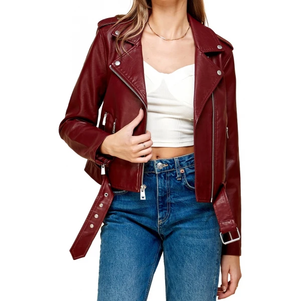 Burgundy Leather Asymmetrical Belted Moto Jacket
