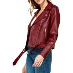 Burgundy Leather Asymmetrical Belted Moto Jacket