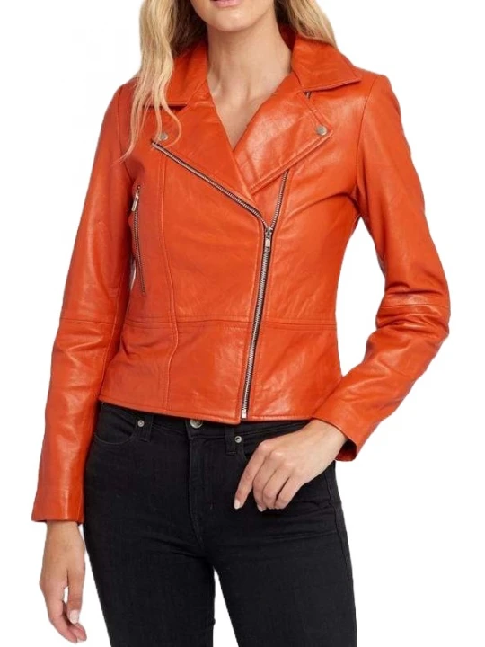 Casual Moto Orange Leather Jacket