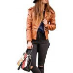 Chic Lapel Brown Leather Moto Jacket