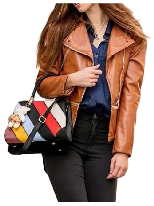 Chic Lapel Brown Leather Moto Jacket