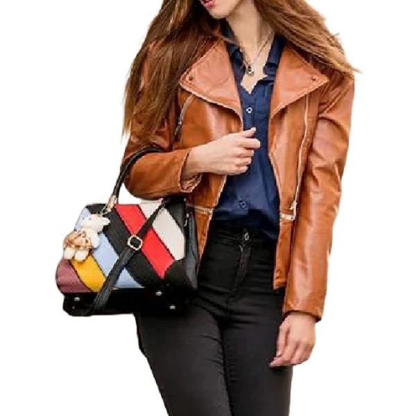 Chic Lapel Brown Leather Moto Jacket