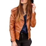 Chic Lapel Brown Leather Moto Jacket