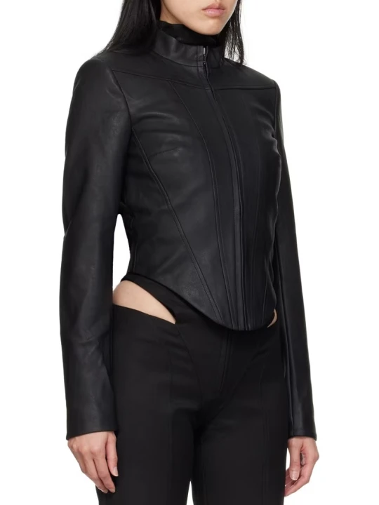 Corset Style Black Leather Racer Jacket