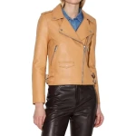 Double Hip Strap Beige Leather Biker Jacket