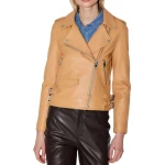 Double Hip Strap Beige Leather Biker Jacket