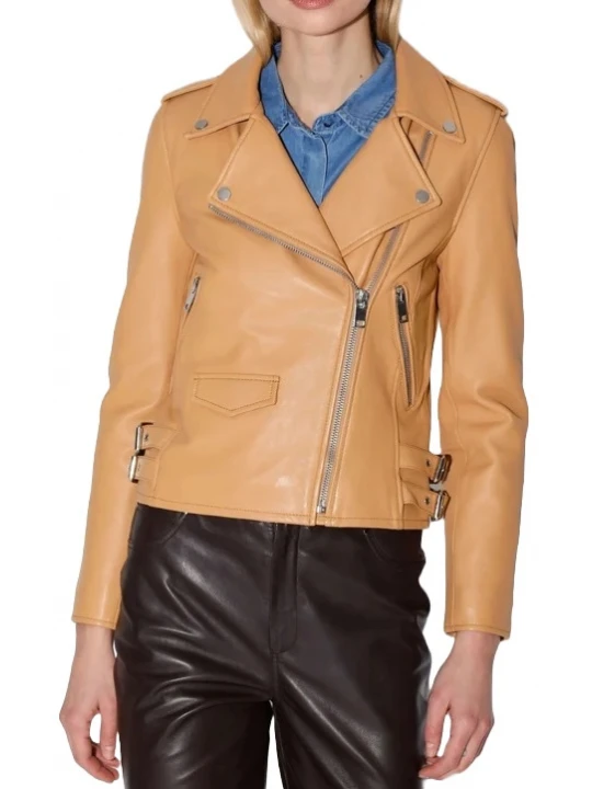 Double Hip Strap Beige Leather Biker Jacket