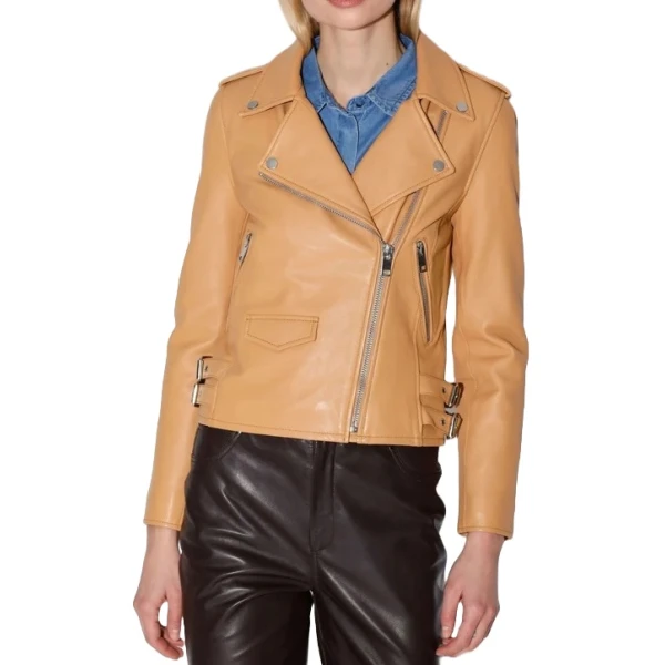 Double Hip Strap Beige Leather Biker Jacket