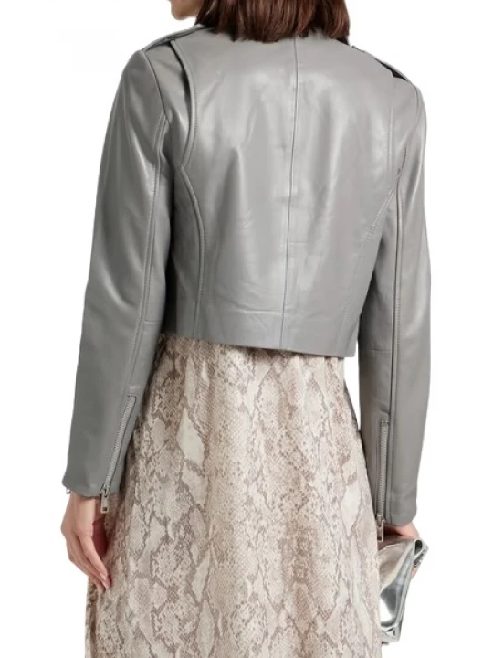 Grey Cropped Leather Biker Jacket
