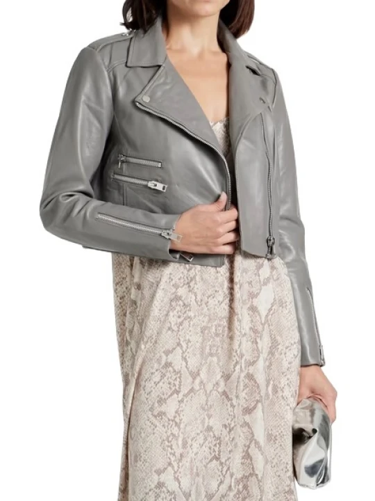 Grey Cropped Leather Biker Jacket