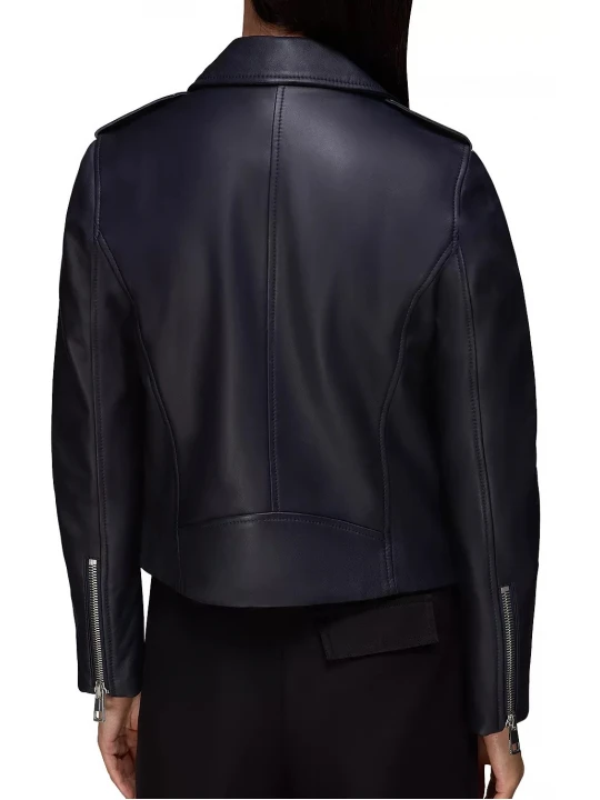 Navy Blue Leather Moto Jacket