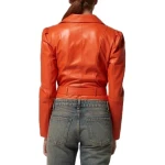 Orange Cropped Leather Motorcycle Jacket