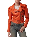 Orange Cropped Leather Motorcycle Jacket