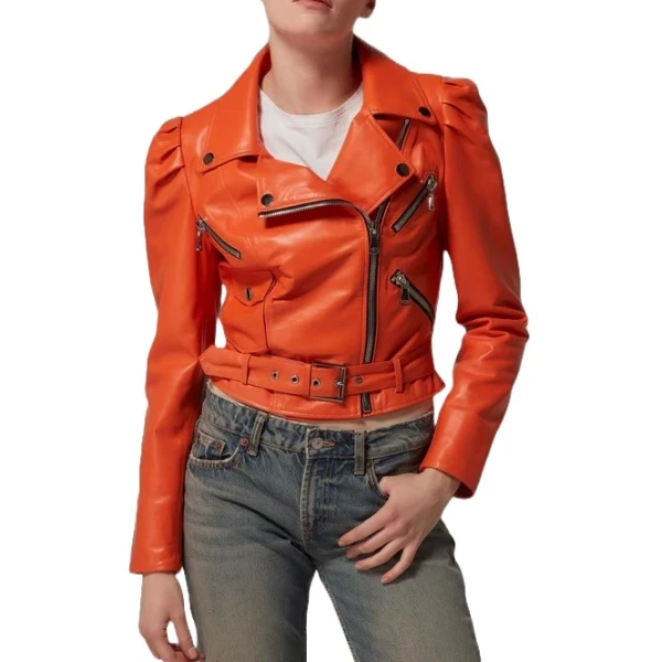 Orange Cropped Leather Motorcycle Jacket