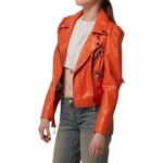 Orange Cropped Leather Motorcycle Jacket