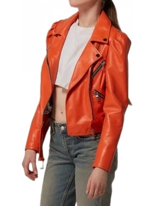 Orange Cropped Leather Motorcycle Jacket