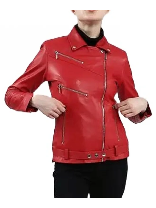 Red Biker Leather Jacket Zipper Details