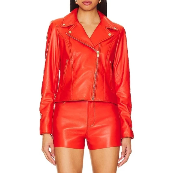 Red Leather Biker Jackets Lapel Collar