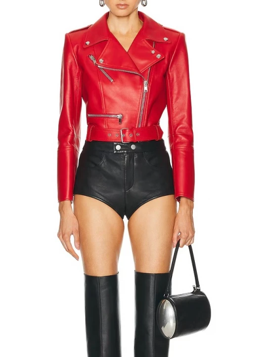 Red Leather Cropped Biker Jacket