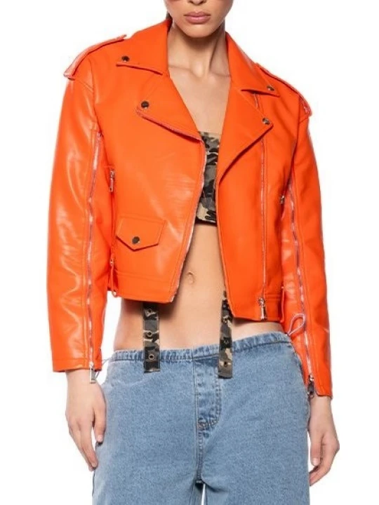 Sleeve Zipper Orange Biker Jacket