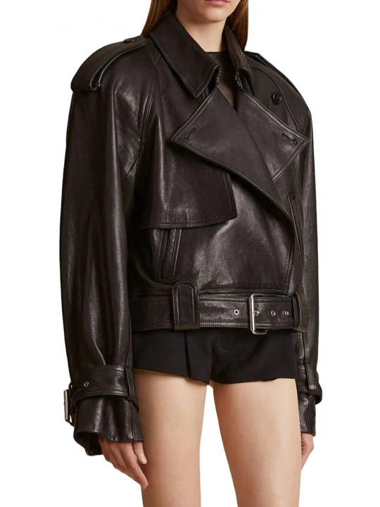 Storm Flap Details Black Leather Biker Jacket