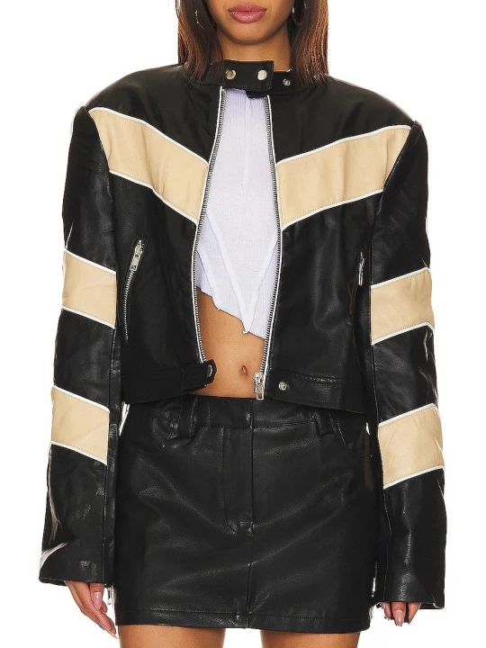 Strips Detailing Black Leather Moto Jacket